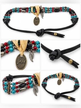 Janté Turquoise Red Black Multi-Strand Beaded Feather Necklace